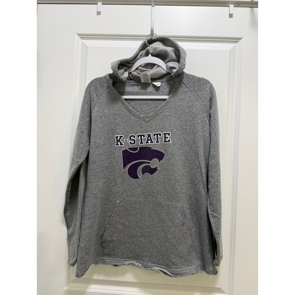 Concepts Sport K-State Wildcats V-Neck Hoodie Gray Womens Large Raw Hem Raglan